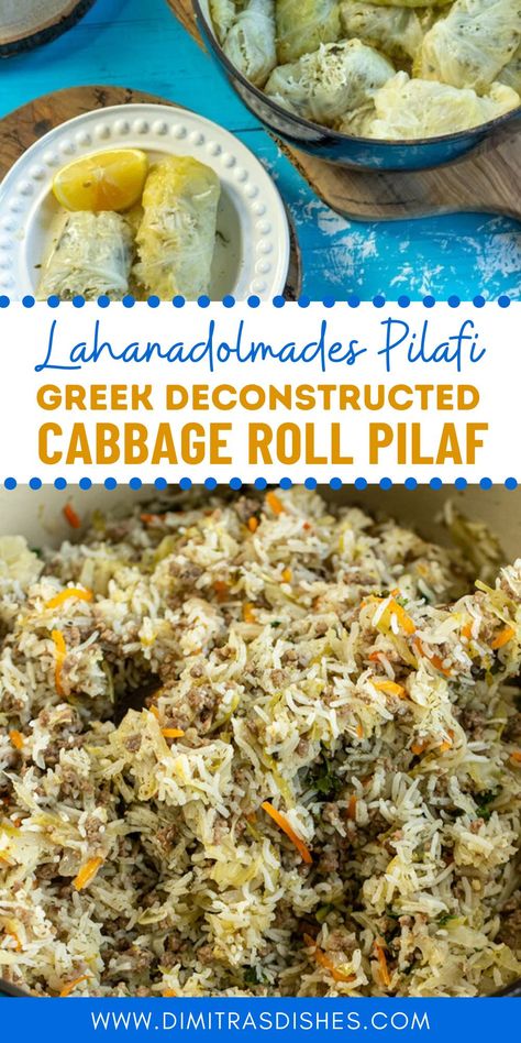 Lahanodolmades, Greek Cabbage Rolls, take some time and effort to make. This rice pilaf is a quick and easy weeknight version of the deconstructed Cabbage Roll. It has all of that great flavor and ready in under an hour. #cabbagerolls #greekfood #greekrecipes #dimitrasdishes #cabbage #ricepilaf Greek Cabbage Rolls, Greek Stuffed Cabbage Rolls, Greek Rice Pilaf, Greek Cabbage, Deconstructed Cabbage Rolls, Greek Recipes Easy, Dimitras Dishes, Greek Rice, Greek Recipes Authentic