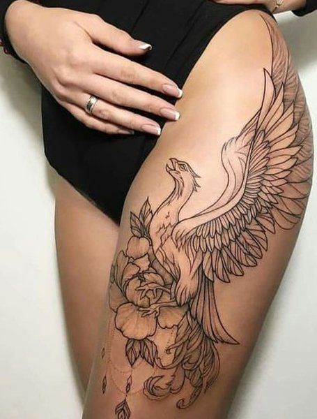 20 Striking Phoenix Tattoos for Women in 2021 - The Trend Spotter Phoenix Tattoos For Women, Tattoo Bein Frau, Phoenix Feather Tattoos, Phoenix Tattoo Feminine, Tato Paha, Cute Thigh Tattoos, Phoenix Tattoos, Full Leg Tattoos, Phoenix Tattoo Design