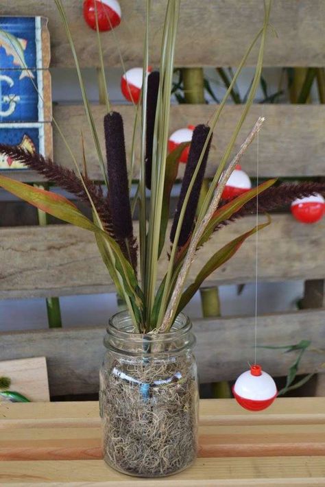 Fishing Themed 60th Birthday Party, Fishing Theme Table Centerpieces, Fishing Themed Birthday Party Centerpiece, Gone Fishing Centerpieces, Fish Themed Birthday Party For Adults, Hunting Fishing Birthday Party, Fishing Theme Table Decor, Bobber Birthday Party, Fishing Table Decor