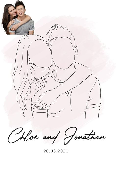 Create a line art illustration from your own photos & memories, drawn by hand and completely customized! Line Drawing From Photo Diy, Couples Art Painting, Line Art Design Couple, Save The Date Drawing, Line Art Drawings Couple, Couples Drawing Ideas, Couples Line Art, Couple Illustration Art, Line Art From Photo