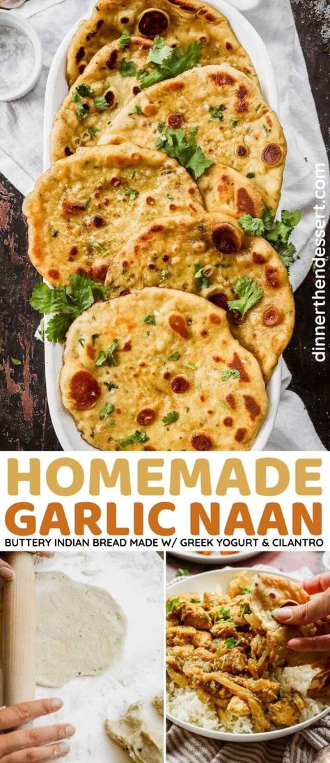 Garlic Naan is a buttery, homemade bread made with Greek yogurt, cilantro, butter, and garlic. Serve it as a side with your favorite Indian dinners. Protein Naan Bread, High Protein Naan Bread, Butter Chicken Side Dishes, Greek Yogurt Naan, Protein Naan, Bread Made With Greek Yogurt, Garlic Nan, Indian Dinner Ideas, Hindi Food