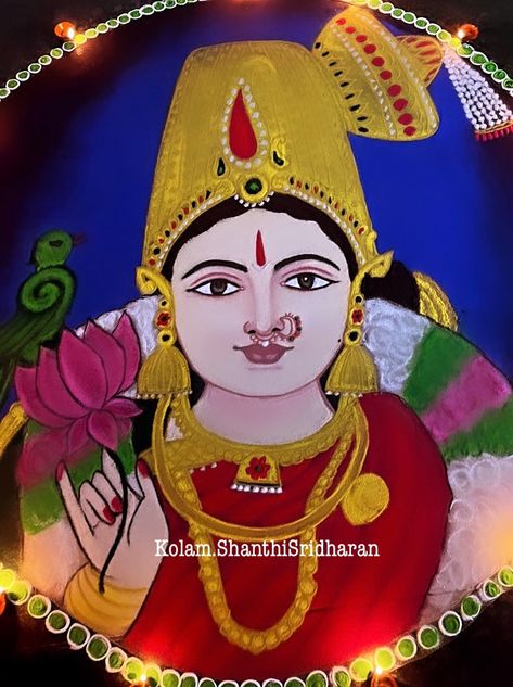 #shanthisridharankolam #rangoli #kolam #drawing #art #andal #margazhi #portrait portrait drawing Lakshmi Maa Rangoli, Laxmi Ji Rangoli Designs, Rangoli Lakshmi, Kolam Drawing, Portrait Rangoli, Art Rangoli, Meenakshi Amman, Colour Kolam, 3d Rangoli