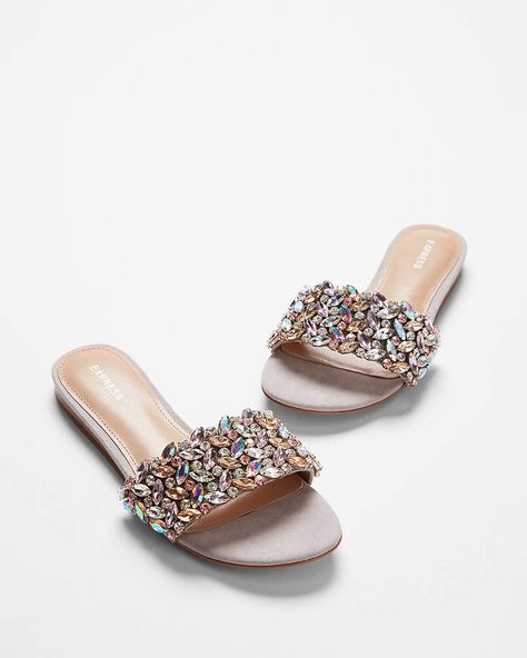 Express Jeweled Slide Sandals - so pretty! Bejeweled sandal / flats from Express. Best Bridal Shoes, Soft Sandals, Fashion Shoes Heels, Jeweled Sandals, Fashion Slippers, Fancy Shoes, Cute Sandals, Dior Shoes, Diy Shoes