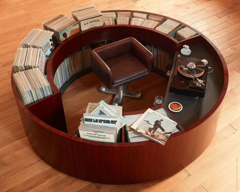 PlattenKreisel circular vinyl storage and record deck unit Retro Record Cabinet, Vinyl Record Storage Shelf, French Door Sizes, Vinyl Room, Vinyl Record Storage, Vinyl Storage, Record Storage, Storage Units, French Doors Interior