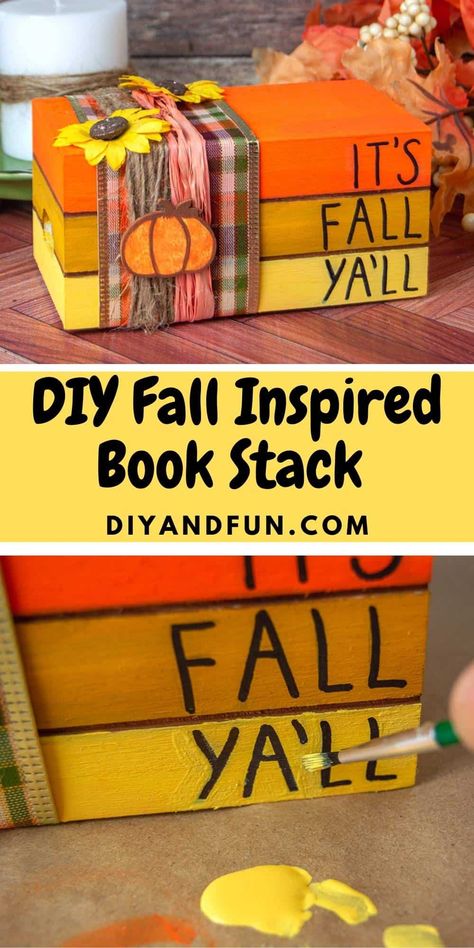 Fall Book Decor Diy, Fake Book Stack Diy, Fall Book Stack Ideas, Book Stack Decor Diy, Stack Books Decor Diy, Mini Wood Book Stacks Diy, How To Make Wooden Book Stacks, Stacked Books Decor Diy Fall, Candy Corn Book Stack