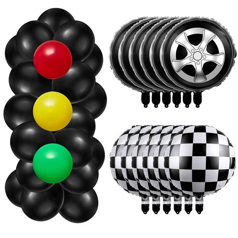 PRICES MAY VARY. What You Will Get: you will receive many car birthday party decorations, including approx. 12 inches latex balloons in 4 colors, respectively are black (40 pieces), red (4 pieces), yellow (4 pieces), and green (4 pieces), 2 kinds of approx. 18 inches foil balloons, respectively are black and white checkerboard balloons (6 pieces), tire balloons (6 pieces), 1 pieces of approx. 16.4 ft balloon chain and 1 roll of glue, sufficient for your party needs Race Car Theme Design: the rac Car Party Decorations, Light Balloons, Classic Cars Birthday Party, Cars Birthday Party Decorations, Car Themed Parties, 5th Birthday Party Ideas, Car Birthday Theme, Cars Theme Birthday Party, Race Party