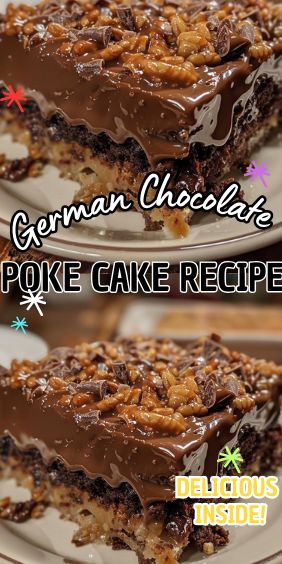 German Chocolate Poke Cake German Chocolate Poke Cake Recipes, German Chocolate Poke Cake, Low Sugar Cakes, Cake Mix Ingredients, Chocolate Poke Cake, Banana Pudding Cake, Pecan Topping, Chocolate Cake Recipe Moist, Homemade Chocolate Cake