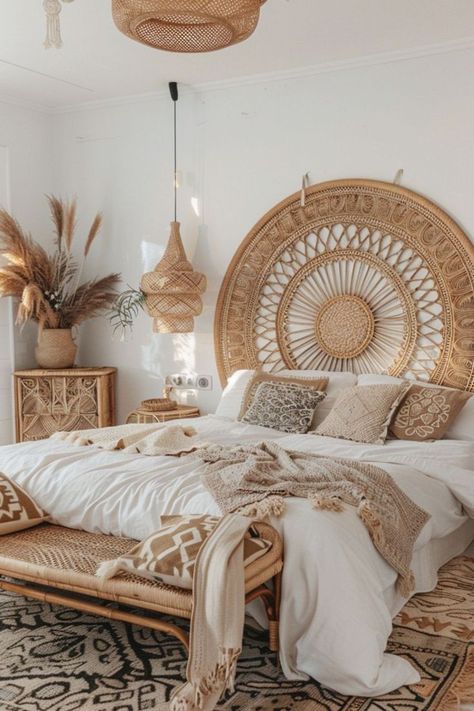 Boho Ideas Bedroom, Boho Bedroom Lighting Ideas, Boho Wall Ideas, Open Space Ideas, Bedroom Room Designs, Balinese Bedroom, White Boho Bedroom, Bedroom Boho Style, Boho Beds