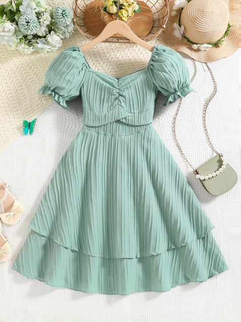 Mint Green Cute Collar Short Sleeve Polyester Plain A Line Embellished Non-Stretch  Tween Girls Clothing Cute Dresses For 13 Yo, Cute Dress Outfits For School, Mint Clothes, 10 Years Girl Dress, Mint Dresses, Cute Easter Outfits, Easter Clothes, Short Frocks, Dress Outfits Party