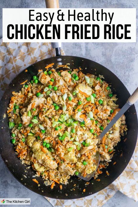 Chicken fried rice with Chinese wok spatula in wok. Title: Easy and healthy chicken fried rice. Low Carb Chicken Fried Rice, Chicken And Veggie Fried Rice, Asian Chicken Fried Rice, Easy Healthy Fried Rice, Healthier Fried Rice, Healthy Chicken Fried Rice Meal Prep, Healthy Fried Rice Clean Eating, Chicken Fried Rice Rotisserie, Whole 30 Fried Rice