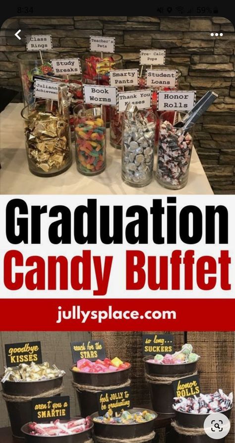 Graduation Party Dessert Table Display, Candy Table Ideas For Graduation, Graduation Party Gifts For Guests, Grad Party Candy Bar, Graduation Party Candy Table, Graduation Party Candy Bar, Grad Party Candy, Candy Buffet Graduation Party, Candy Buffet Ideas