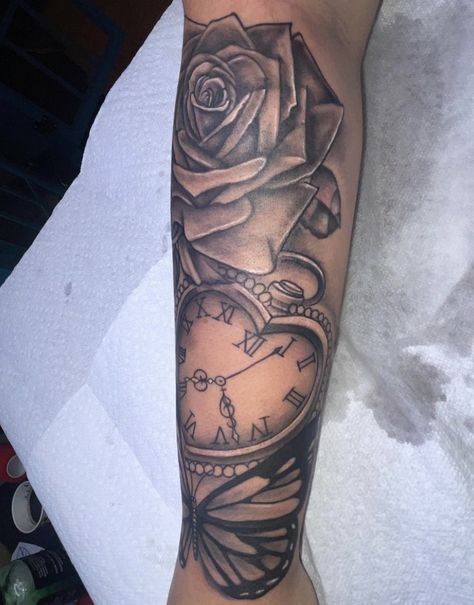 Heart Clock Tattoo Black Women, Front Arm Tattoo Woman Half Sleeves, Heart Tattoo Sleeve, Mid Arm Tattoo, Follower Tattoo, Money Rose Tattoo, Half Sleeve Tattoos Forearm, Arm Sleeve Tattoos For Women, Girl Neck Tattoos