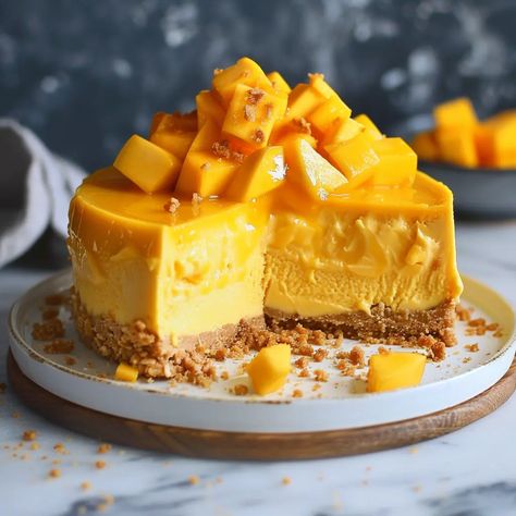 Mango No Bake Cheesecake, Mango Recipes Dessert, Mango Cheesecake Recipe, No Bake Mango Cheesecake, Farm Festival, Lush Cake, Bake Cheese, Mango Dessert Recipes, Mango Mousse