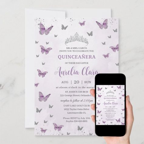 Chic QuinceaÃ±era Purple Lilac Butterflies Silver Invitation Zazzle Lilac Butterfly Invitations, Purple Butterfly Quinceanera Invitations, Light Purple Quinceanera Invitations, Purple Quince Invitations Template, Lavender Quinceanera Invitations, Sweet 16 Invitations Purple, Lilac Quince Invitations, Quincenera Invitations Template, Purple Quince Invitations