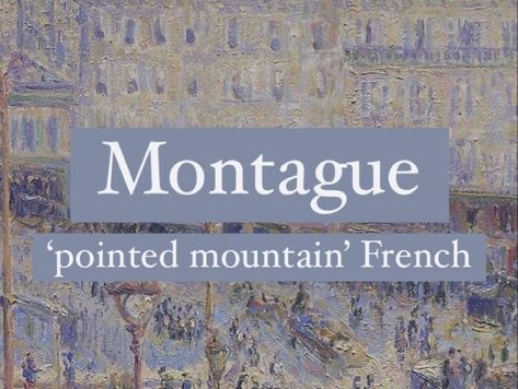 Baby boy name Montague. Surnames With Meaning, French Surnames, Pretty Meaning, Japanese Names And Meanings, Ranch Names, French Name, Oc Names, Royal Names, French Names