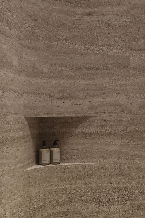 Nib Wall Bathroom, Curved Wall Bathroom, Wc Storage, In Home Spa, Toilet Interior, Travertine Bathroom, Wellness Room, Bathroom Details, Round Bathroom