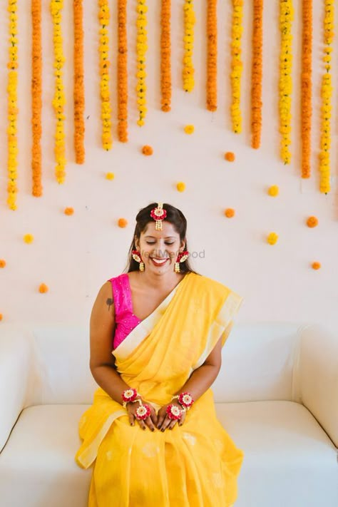 Photo from Varsha & Shubham Wedding Haldi Mandap, Mukhe Bhaat, Haldi Decoration Ideas At Home, Shaadi Decor, Haldi Decoration Ideas, Haldi Decoration, Small Wedding Decor, Haldi Decor, Home Flower Decor