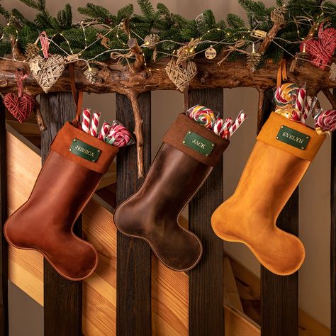 Leather Stockings Christmas, Leather Christmas Stocking, Leather Christmas Ornaments, Leather Christmas Tree, Cowboy Lifestyle, Leather Christmas, Family Christmas Stockings, Cow Boys, Green Name