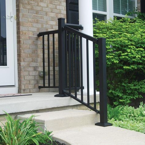 Porch Step Railing, Deck Stair Railing, Deck Balusters, Front Porch Railings, Outdoor Stair Railing, Step Railing, Iron Stair Railing, Stair Rail, Building A Porch