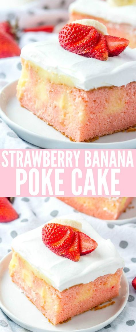 Easy and delicious this Strawberry Banana Poke Cake is a flavorful, fun and unique dessert that combines two iconic flavors into one! #cake #strawberry #pokecake #dessert #strawberry #banana  via @amiller1119 Banana Poke Cake, Strawberry Banana Cakes, Dessert Strawberry, Cake Strawberry, Poke Cake Recipes, Poke Cakes, Gateaux Cake, Dessert Cake Recipes, Unique Desserts