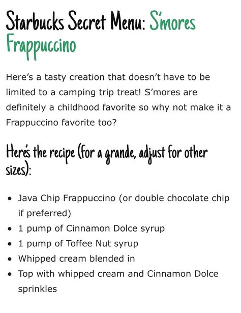 Smores frappuccino Smores Frappuccino Starbucks, Starbucks Frappe Recipe, Starbucks Secret Menu Recipes, Frappe Recipe, Smore Recipes, Secret Starbucks Drinks, Menu Recipes, Frappuccino Recipe, Starbucks Secret