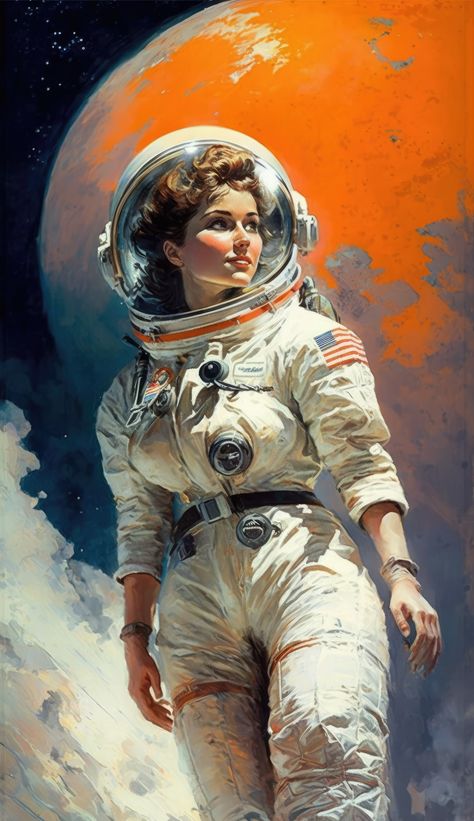 Female Astronaut Aesthetic, Space Woman Art, Female Astronaut Art, Astronaut Reference, Science Fiction Kunst, Space Woman, Vintage Astronaut, Female Astronaut, Retro Scifi