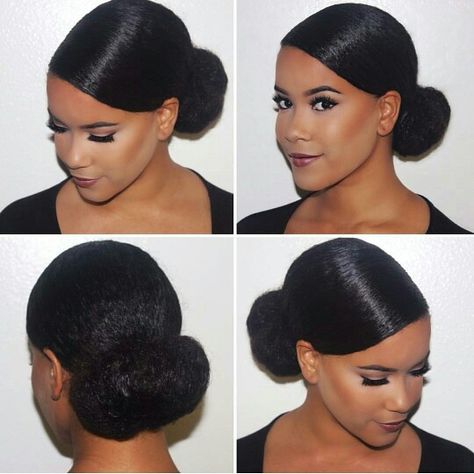 Sleek Low Bun @ahfro_baang Bun Hairstyles Black Hair, Bun Hairstyles Black, Messy Bun For Short Hair, Black Hair Bun, Side Bun Hairstyles, Hairstyles Black Hair, Hairstyles For Black Hair, Natural Hair Bun Styles, Low Bun Hairstyles