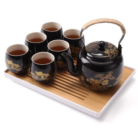 PRICES MAY VARY. 【Beautiful Japanese Countryside in Golden】This tea set is perfect for enjoying your tea time. Classic and exquisite. Each piece depicts a serene of traditional Japanese countryside, with dense tree surround the antient houses. Satisfy your yearning for pastoral life. Vivid, real and beautiful. Drinking tea with this tea set is just like holding the beauty of distant Japanese style in your hands. You will be happy sharing this feeling with your families or friends. 【Focus on Deta Tree Surround, Asian Tea Sets, Japanese Countryside, Asian Tea, Chinese Tea Set, Japanese Tea Set, Teapot Set, Ceramic Tea Set, Porcelain Tea Set