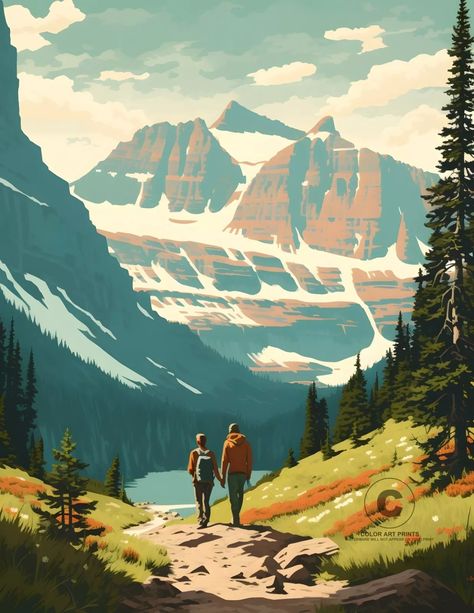 Glacier National Park Montana Mountain Hiking Giclée Art Print 8.5X11 | eBay Vintage Hiking Poster, Glacier National Park Painting, Montana Art, Montana Mountains, Mountain Artwork, Goat Art, Adventure Print, Glacier National Park Montana, Glacier Park