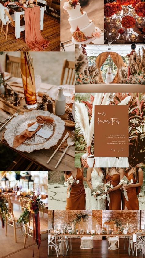 This burnt orange color wedding scheme is perfect for a fall wedding! Burnt Orange Wedding Theme Color Combos, Burnt Orange Wedding Cake, Orange Color Wedding, Burnt Orange Weddings Decorations, Burnt Orange Wedding Theme, Orange Wedding Decorations, Orange Wedding Themes, Burnt Orange Wedding, Orange Wedding Colors