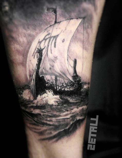 Viking ship tattoo on the inner arm.                                                                                                                                                                                 More Vikings Ship Tattoo, Viking Longship Tattoo, Longship Tattoo, Arlo Tattoo, Viking Ship Tattoo, Community Tattoo, Runes Tattoo, Tattoo Avant Bras, Viking Warrior Tattoos