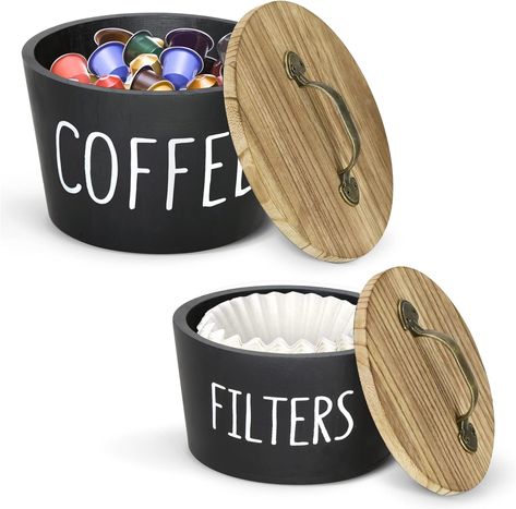 Wood Coffee Station Organizer Counter Top Coffee Station Ideas, Coffee Station Ideas Countertop, Coffee Filter Storage, Counter Coffee Bar, Kaffe Station, Keurig Coffee Station, Coffee Filters Storage, K Cup Storage, Vending Machine Snacks