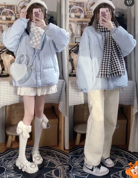 Blue Outfit Aesthetic Winter, Blue Winter Outfits Aesthetic, Blue Winter Aesthetic Outfit, Winter Douyin Outfits, Winter Outfits Douyin, Winter Outfits Aesthetic Cold Weather, Douyin Winter Outfits, Xiao Hong Shu Outfits, Chinese Winter Outfits