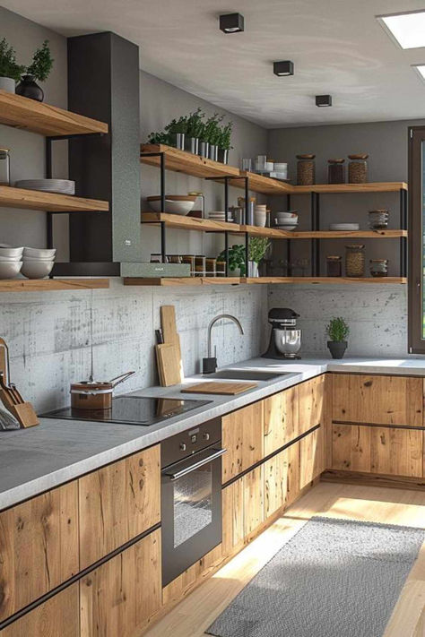 32 Open Shelving Kitchen Ideas to Maximize Storage Open Rack Kitchen, Simple Open Shelving Kitchen, Kitchen No Cabinets Ideas, Organize Open Shelves Kitchen, Kitchen Shelves Vs Cabinets, Cabinetless Kitchen Ideas, Kitchen Cabinets With Upper Shelves, Kitchen Design With Open Shelves, Kitchen With Open Cabinets