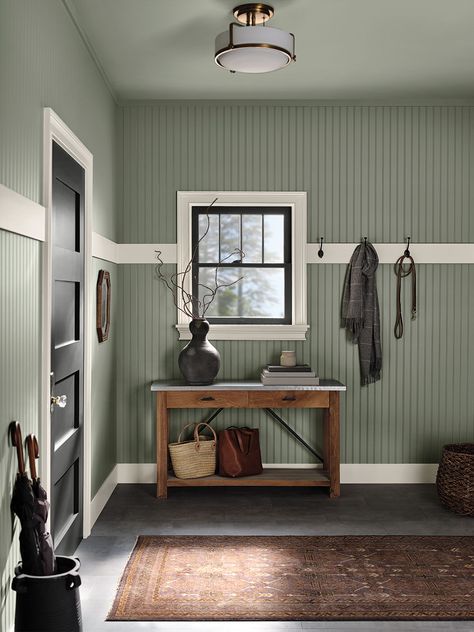 Color of the Month January 2021: Evergreen Fog | Tinted Sherwin Williams Evergreen Fog Living Room, Evergreen Fog Ceiling, Mountain Cabin Paint Colors Interior, Evergreen Fog Hallway, Evergreen Fog Office, Evergreen Fog Color Palette, Evergreen Fog Paint, Kentucky Farmhouse, Mudroom Paint