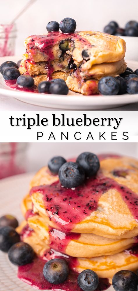 Make thick, fluffy, and delicious blueberry pancakes from scratch with this easy recipe and homemade blueberry sauce. Perfect for a weekend breakfast or brunch, these triple blueberry pancakes are a family favorite. | blueberry pancakes with blueberry sauce | easy blueberry sauce for pancakes | best blueberry pancakes from scratch easy | how to make blueberry pancakes from scratch | blueberry buttermilk pancakes from scratch Pancakes From Scratch Easy, Blueberry Sauce For Pancakes, Buttermilk Pancakes From Scratch, Sauce For Pancakes, Best Blueberry Pancakes, Pancakes With Blueberry Sauce, Fluffy Banana Pancakes, Buttermilk Blueberry, Blueberry Buttermilk Pancakes