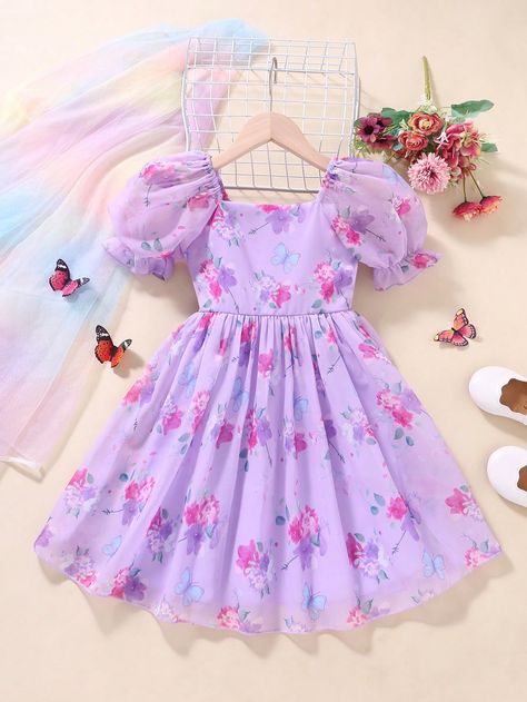 SHEIN Young Girl Floral Print Puff Sleeve DressI discovered amazing products on SHEIN.com, come check them out! Mode Purple, Frocks For Kids, Shein Kids, Fancy Frocks, Kids Frocks Design, Purple Style, Kids Dress Wear, Girls Frock Design, Kids Designer Dresses