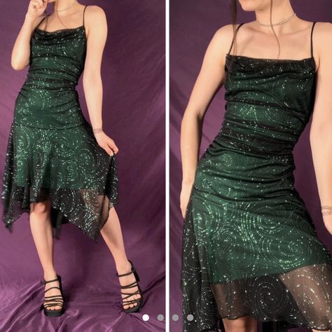 Vintage Formal Dresses Green, Green Dress With Black Mesh Overlay, 70s Semi Formal Dress, Short 90s Prom Dresses, Whimsigoth Hoco Dress, Alt Prom Dresses Short, Y2k Semi Formal Outfits, Wedding Guest Outfit Grunge, Green Y2k Prom Dress