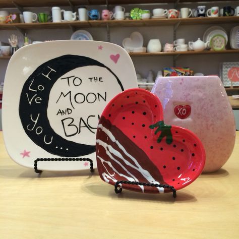 Valentine's Day pottery painting ideas from our staff! Valentine Pottery Painting Ideas, Valentines Day Pottery Ideas, Valentines Ceramic Ideas, Pottery Painting Ideas Couples, Couples Pottery Painting Ideas, Valentines Pottery Painting, Couples Pottery Painting, Couple Pottery Painting Ideas, Valentines Day Pottery