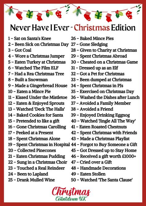 Never Have I Ever Christmas Edition
Online + Free Printable Version Christmas Games With Kids, Christmas Office Games, Christmas Games Ideas, Free Christmas Activities, Xmas Calendar, Christmas Abroad, Christmas Eve Games, Christmas Questions, Funny Christmas Games