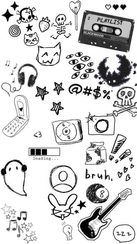 Cute Doodle Art Black And White, Cute Doodle Collage, Sticker Doodles Aesthetic, Doodle Art Black Background, Cute Black And White Doodles, Boredom Drawings, Stickers To Draw, Collage Doodles, Sketchbook Decoration