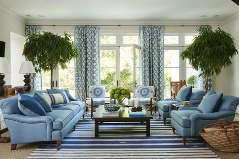 How To Get The Mark D Sikes Look For A Lot Less Money Curtains Blue, Furnitur Ruang Keluarga, Living Room Drapes, White Drapes, Blue Furniture, Coastal Living Rooms, Home Luxury, Custom Drapes, White Living