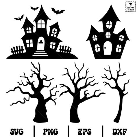 Haunted House Silhouette Templates, Haunted Tree Drawing, Halloween Tree Drawing, Haunted House Template, Haunted House Silhouette, Haunted House Svg, Haunted House Drawing, Buffet Halloween, Décoration Table Halloween