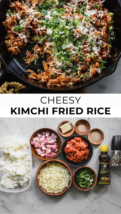 Cheesy Kimchi Fried Rice in skillet Pork Belly Kimchi Fried Rice, Kimchi Meal Prep, Korean Dishes Recipes, Kimchi Recipes, Kimchi Bokkeumbap, Korean Food Recipes, Spicy Kimchi, Korean Rice, Fusion Dishes