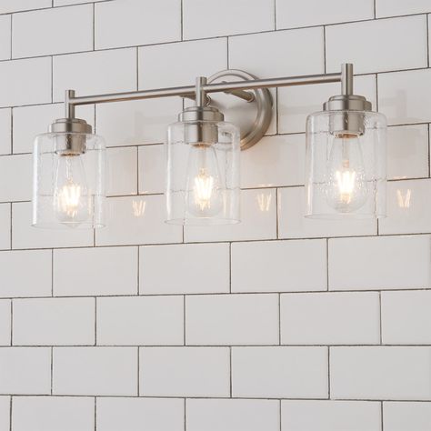 Above Mirror Bathroom Lighting, Bathroom Light Fixtures Brushed Nickel, Vanity Lighting Over Mirror, Silver Light Fixture, Brushed Nickel Bathroom Lighting, Master Bath Lighting, Bathroom Lights Over Mirror, Contemporary Bathroom Lighting, Vanity Light Bar