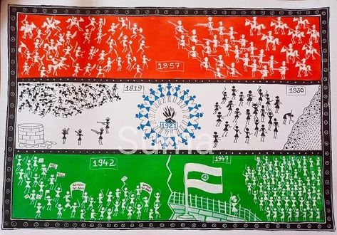 Title: India's independence movement
Artform: Warli
Size: A3
Medium: Acrylics 
Country: India
Concept: Original Quit India Movement Drawings, Quit India Movement Posters Drawing, India Sketch Indian Art, Quit India Movement Posters, Dandi March Drawing, Dandi March, Jallianwala Bagh, Patriotic Artwork, Independence Day Card