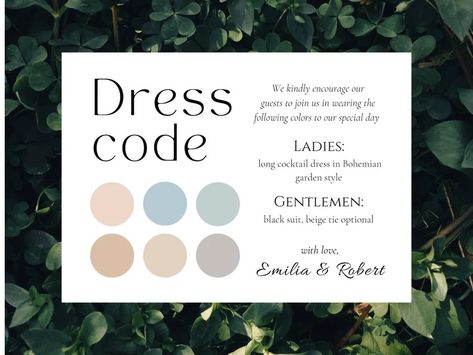 Dress Code Details Card, Wedding Dress Code Policy, Minimalist Wedding Guest Attire Template, Guest Color Guide, Party Neutral Tone Palette - Etsy Turkey Guest Details What To Wear And Color Scheme Wedding Invitation, Wedding Guest Attire Guide Invitation, Dresscode Wedding Invitation, Wedding Guest Color Palette Dress Code, Dress Code Mariage, Wedding Guest Dresscode, Wedding Guest Dress Code Color Scheme, Haldi Games, Wedding Guest Color Dress Code