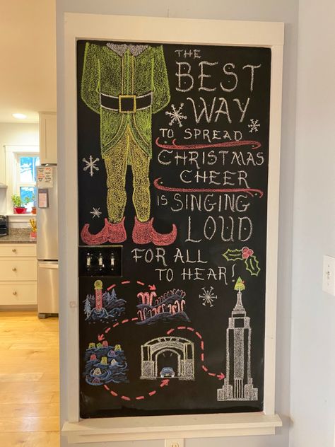 Movie Themed Christmas Decorations, Diy Elf Movie Decorations, Elf The Movie Office Decorating Ideas, Buddy The Elf Chalkboard Art, Elf Chalkboard Art, Buddy The Elf Hallway Decorations, Elf Movie Decor, Elf The Movie Decorations, Elf Movie Decorations