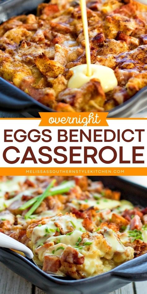 A perfect Easter brunch idea! It's a breakfast casserole recipe you can make ahead. Served with a drizzle of an easy blender hollandaise sauce, this Overnight Eggs Benedict Casserole is sure to be a hit at your Easter Sunday breakfast! Easy Breakfast Bake Casseroles, Night Before Breakfast Make Ahead, Hollandaise Egg Bake, Overnight Breakfast Casserole With Biscuits, Keto Brunch Casserole Recipes, Best Brunch Casserole Recipes, Taste Of Home Breakfast Recipes, Keto Overnight Breakfast Casserole, Easy Breakfast For A Group Make Ahead