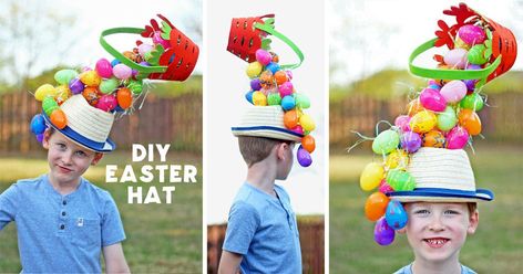 Learn how to create a gravity-defying Easter hat that's perfect for parties or parades! It features an upside down Easter basket and lots of plastic eggs! Diy Easter Hat, Easter Bonnet Competition, Easter Hat Parade, Monster Valentines, Easter Costume, مشروعات العلوم, Easter Hat, Easter Hats, Hat Day